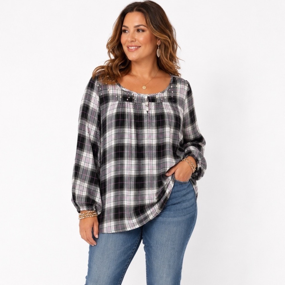 Cato Plaid Blouse XL‎ Black Purple Pearl Embellished Keyhole Neck Top